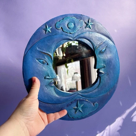Vintage Blue Celestial Wooden Moon Wall Mirror - Picture 1 of 4